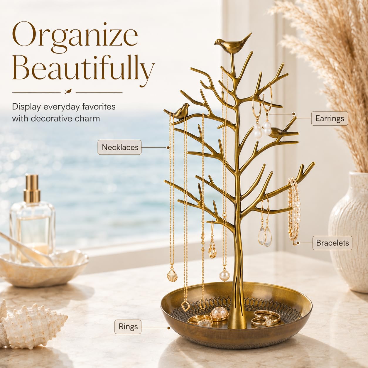 ChezMax Jewelry Display Necklace Earring Organizer Holder Metal Birds Tree Stand with Tray Antique Bracelet Rings Rack Tower Decoration for Women Girl 11.8 Inch