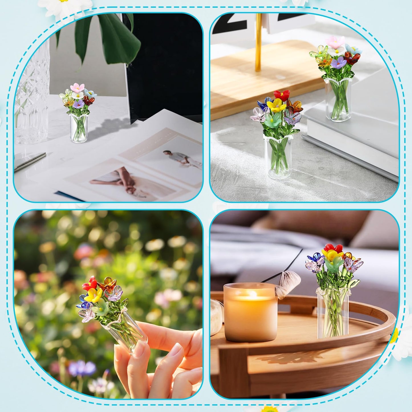 Fiwochic 14 Pcs Miniature Glass Flower Leave and 2 Pcs Vase Set Small Mini Glass Birth Month Flower with Stems Crystal Wildflower Bouquet for Women Mom Mother's Day Office Home Table Centerpiece