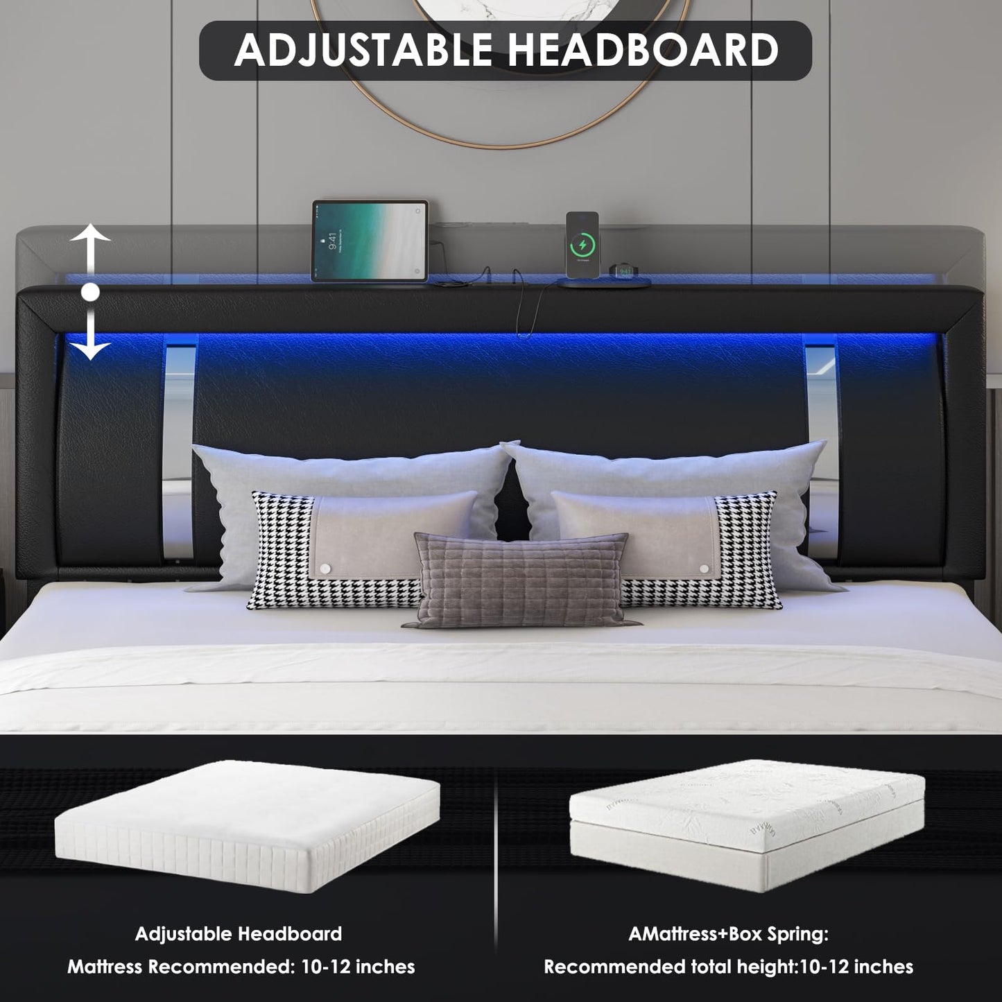 Keyluv King Size Bed Frame with RGB LED Lights & 2 Storage Drawers, Modern Upholstered Platform Bed with Iron Metal Decor, USB Charging Ports, Black
