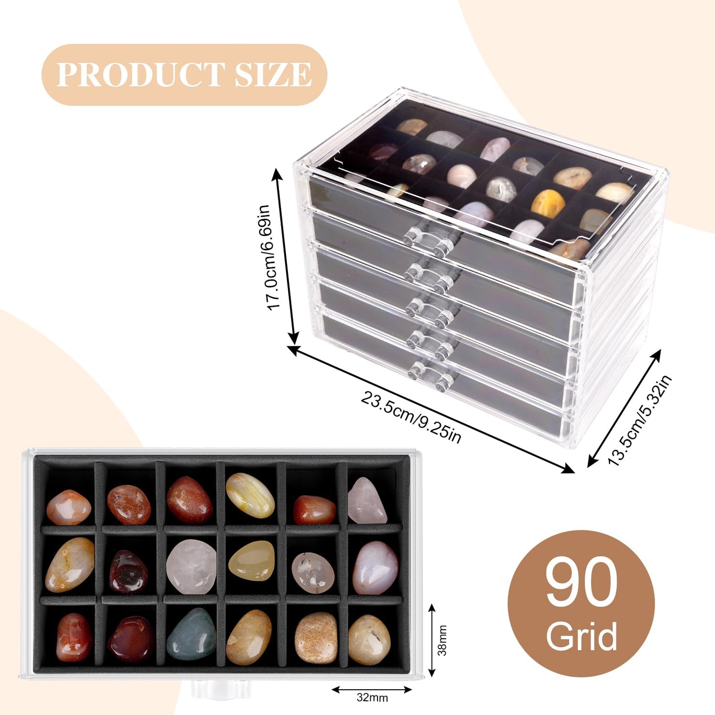 Rock Display Case, Rock Collection Box, 90 Grid Crystal Collection Display Case,Gemstone Display Shelf, Acrylic Clear Displays Cases Organizer for Gemstone Fossil Stone