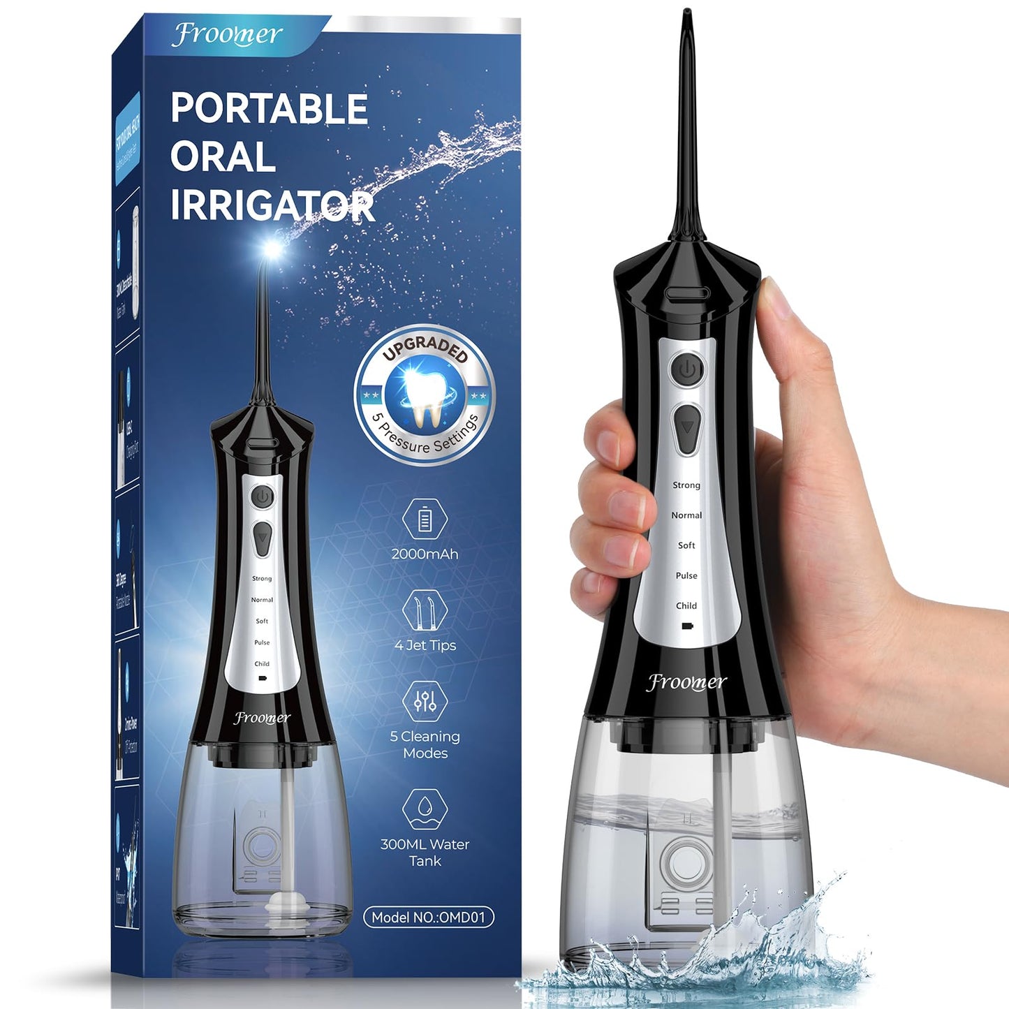 Froomer Water Flosser，Water Dental Forsser for Teeth Clean, 5Modes 4 Jet Tips,Rechargeable Portable Water Flossers for Teeth,300ML Tanks for Travel Friendly(Black