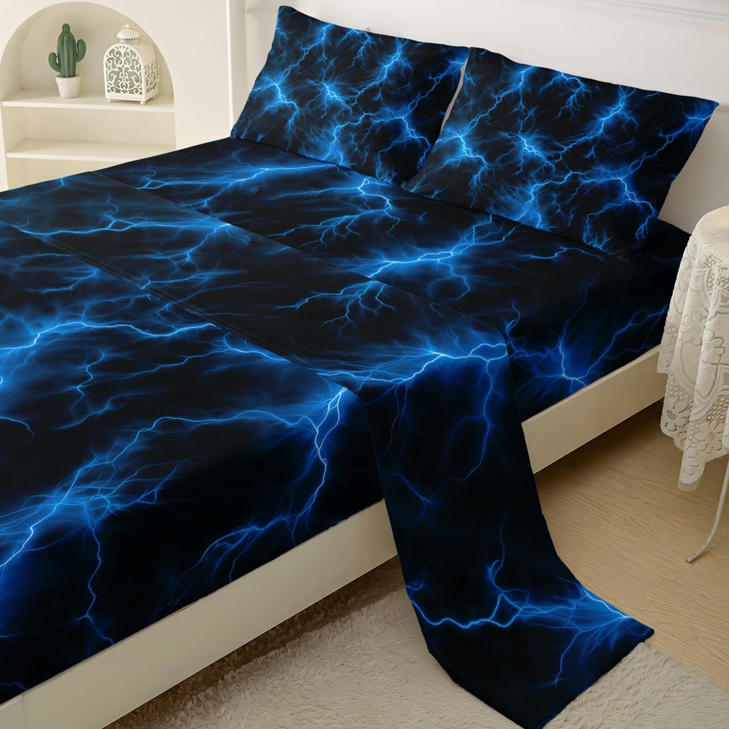 QOOMO Glowing Pattern Kids Sheet Set, Soft Microfiber Neon Light Sheets for Children Teens, Twin Blue Bed Set with Deep Pocket, 1 Fitted Sheet, 1 Flat Sheet, 2 Pillow Cases