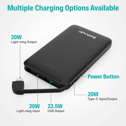 Slim Portable Charger with Built in USB C Cable,20W Fast Charging Power Bank,Small Mini Lightweight Phone Battery Pack 6000mAh,Ultra Thin Travel Essentials for iPhone 17 16 15 Series,Samsung,Android
