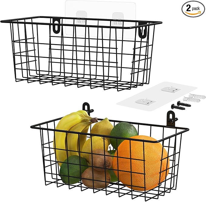 MaraFansie Hanging Kitchen Baskets Wire Storage Basket Adhesive and Screws