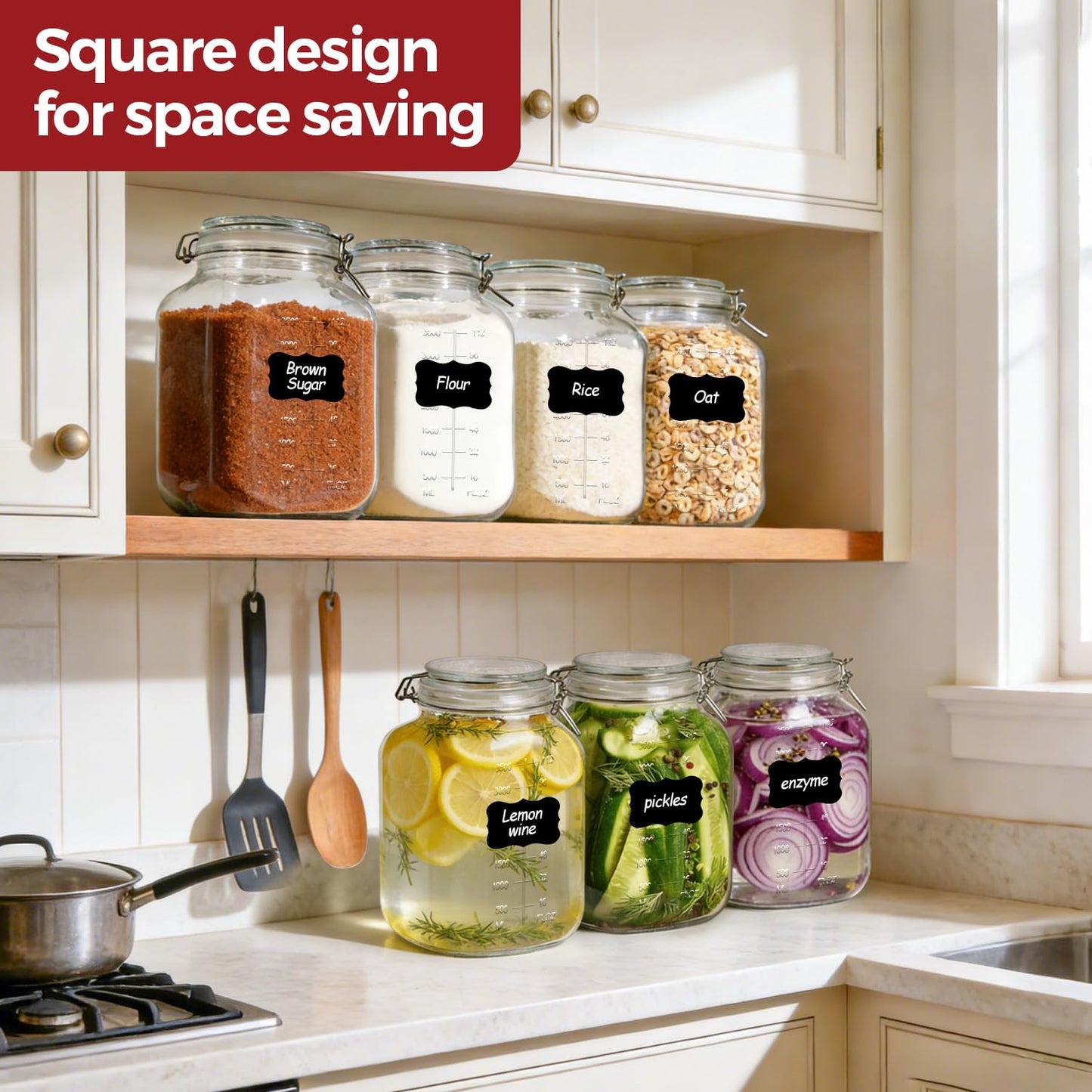 KTMAMA 1.1 Gallon Wide Mouth Glass Canisters with Airtight Lids & Measurement Marks (2-Pack) – Includes 2 Measuring Scoops & Labels, Food Storage Jars for Flour, Sugar & Baking Supplies | BPA-Free