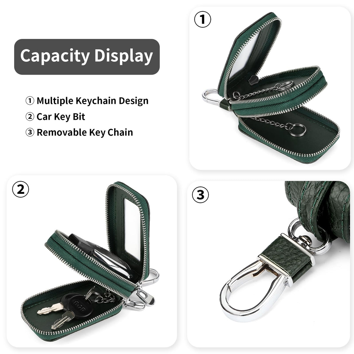 SENDEFN Car Key Fob Case Double Zipper Leather Smart Remote Keychain Protector Holder with Transparent Window