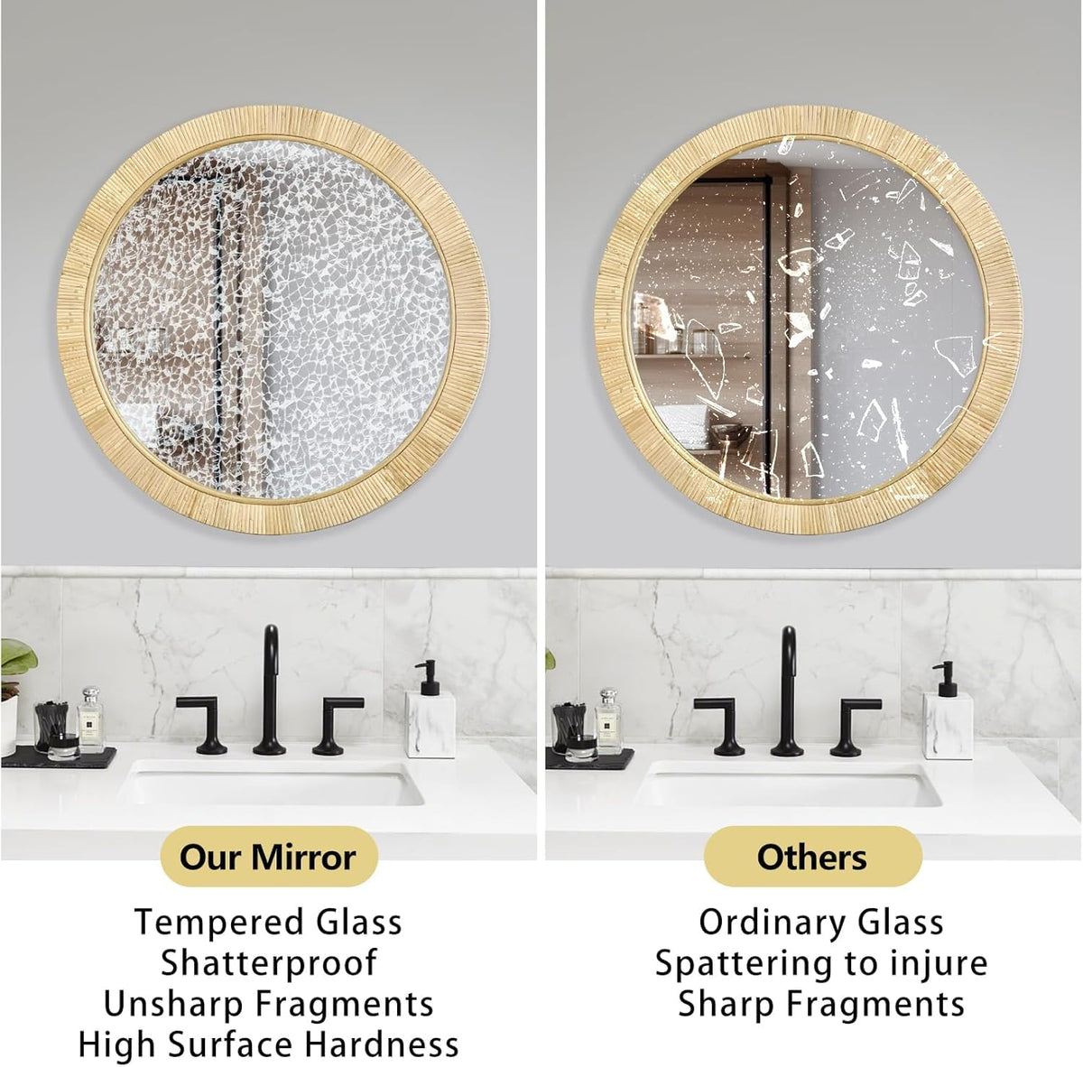inoseen Decorative Rattan Wall Mirror, Boho Bathroom Modern Makeup Mirror, Rustic Wall Bohemia Mirrors for Bedroom, Living Room, Vanity Versatile Farmhouse, Nursery, Bathroom, 24"x24", Round