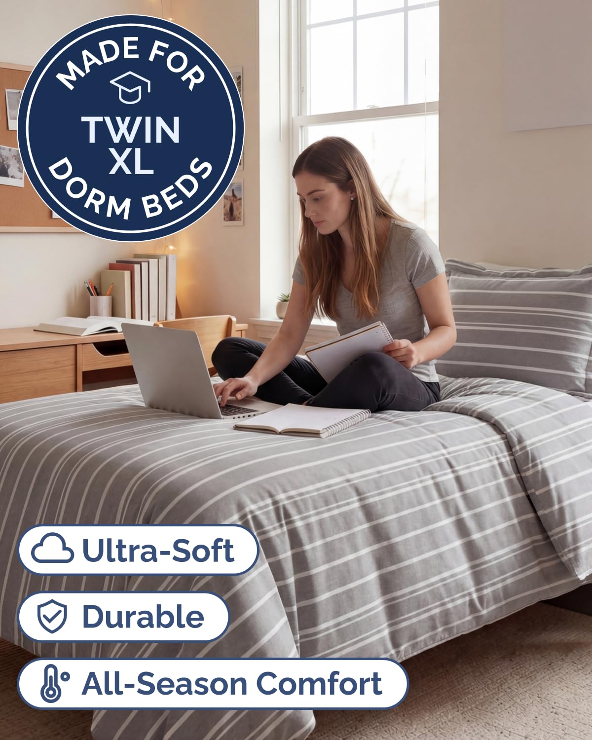 Duvet Cover Queen Size Set - Extra Soft Queen Duvet Cover 90" x 90" with 2 Pillow Shams for Women, Men, Kids & Teens - Hotel Luxury w/Zipper Closures & Ties - Comfy, Cozy & Breathable (Beige Stripes)