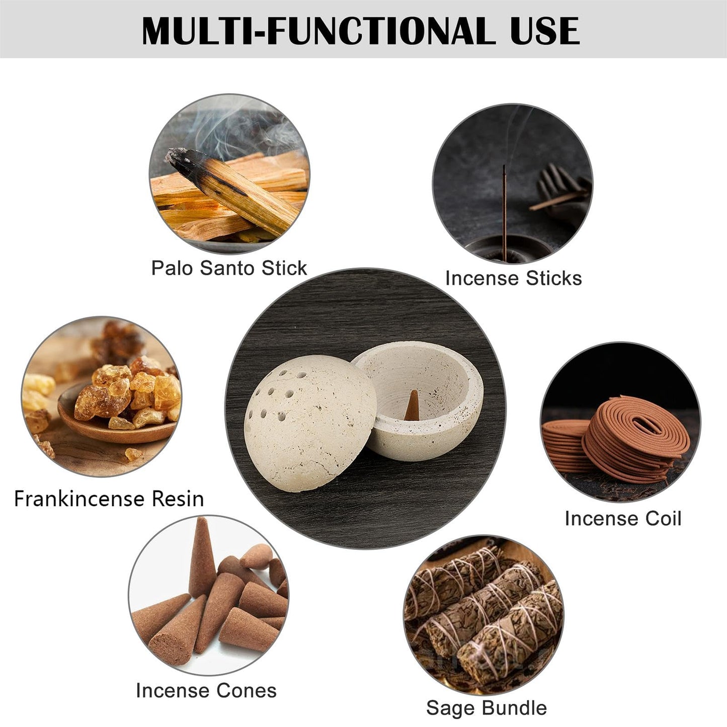 ELLDOO Natural Travertine Incense Cone Holder, Home Decor Handmade Ball Shape Incense Burner for Yoga Meditation SPA Reading, Beige