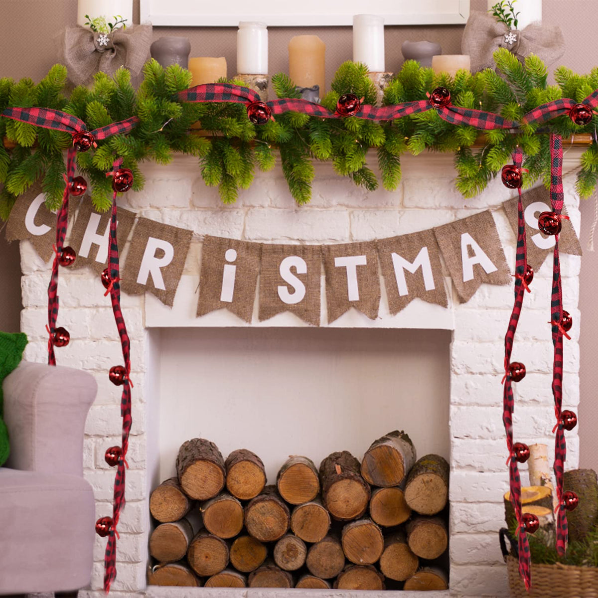 Jishi Rustic Buffalo Plaid Ribbon Garland - 6 Yards with Jingle Bell & Metal Sleigh Bell Ornaments