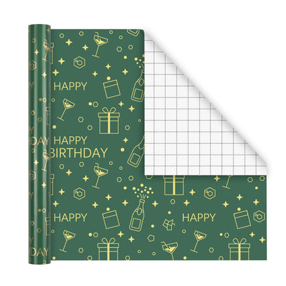 Lenpel Birthday Wrapping Paper Roll 3-Pack, 17 x 200 Inch Gift Wrap in Pink, Green & Gold, Birthday Wrapping Paper for Women, Kids and Adults, Perfect for Birthday Gift Wrapping