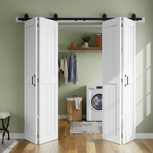 SMARTSTANDARD Bifold Barn Door 64'' x 84'',Bi-Fold Sliding Closet Doors with Hardware Kit Included,72'' Track Kit for 4 Doors,Waterproof & Quiet,Pre-Drilled Holes Easy Assembly,White