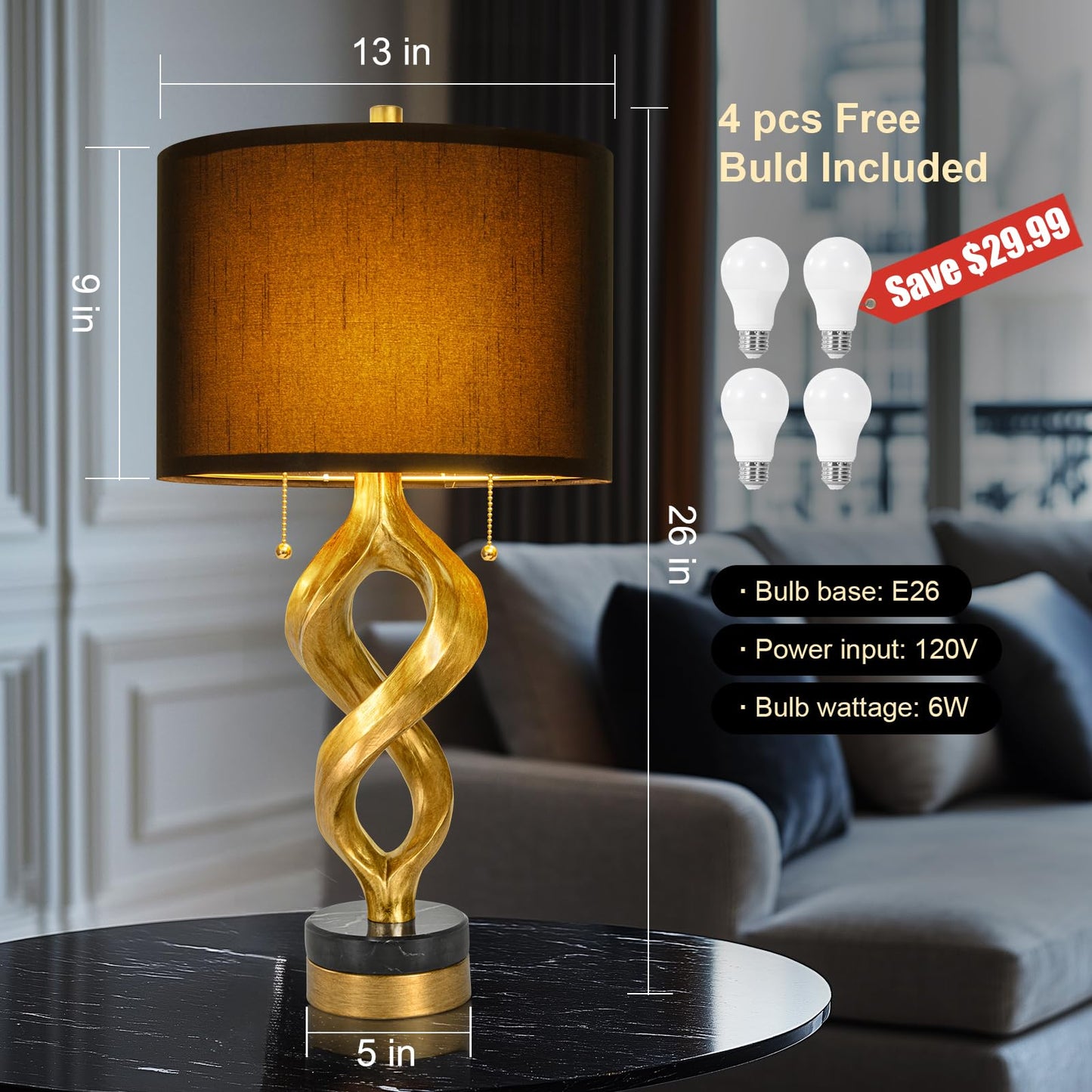 Sculptural Table Lamp Set of 2 for Bedroom, 26” Gold Leaf Farmhouse Bedside Lamps for Living Room, Pull Chains Switch Rustic Nightstand Lamp Marble Base with USB for Home Room Decor (Bulbs Included)