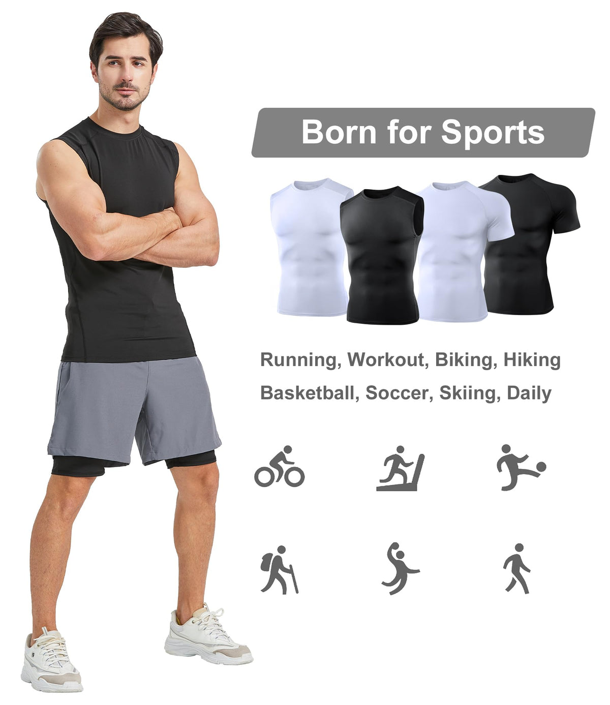 Dalavch 4 Pack Compression Shirts and Tank Tops Men Short Sleeve/Sleeveless Athletic Undershirt for Sport 2 Black 2 White Large