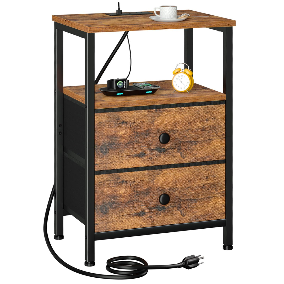 LOAKEKEL Night Stand, Nightstand with Charging Station, Slim Industrial Bedside Table with 2 Fabric Drawers, Small End Table with USB & Type-C Ports for Bedroom, Brown, HETS020BR-1