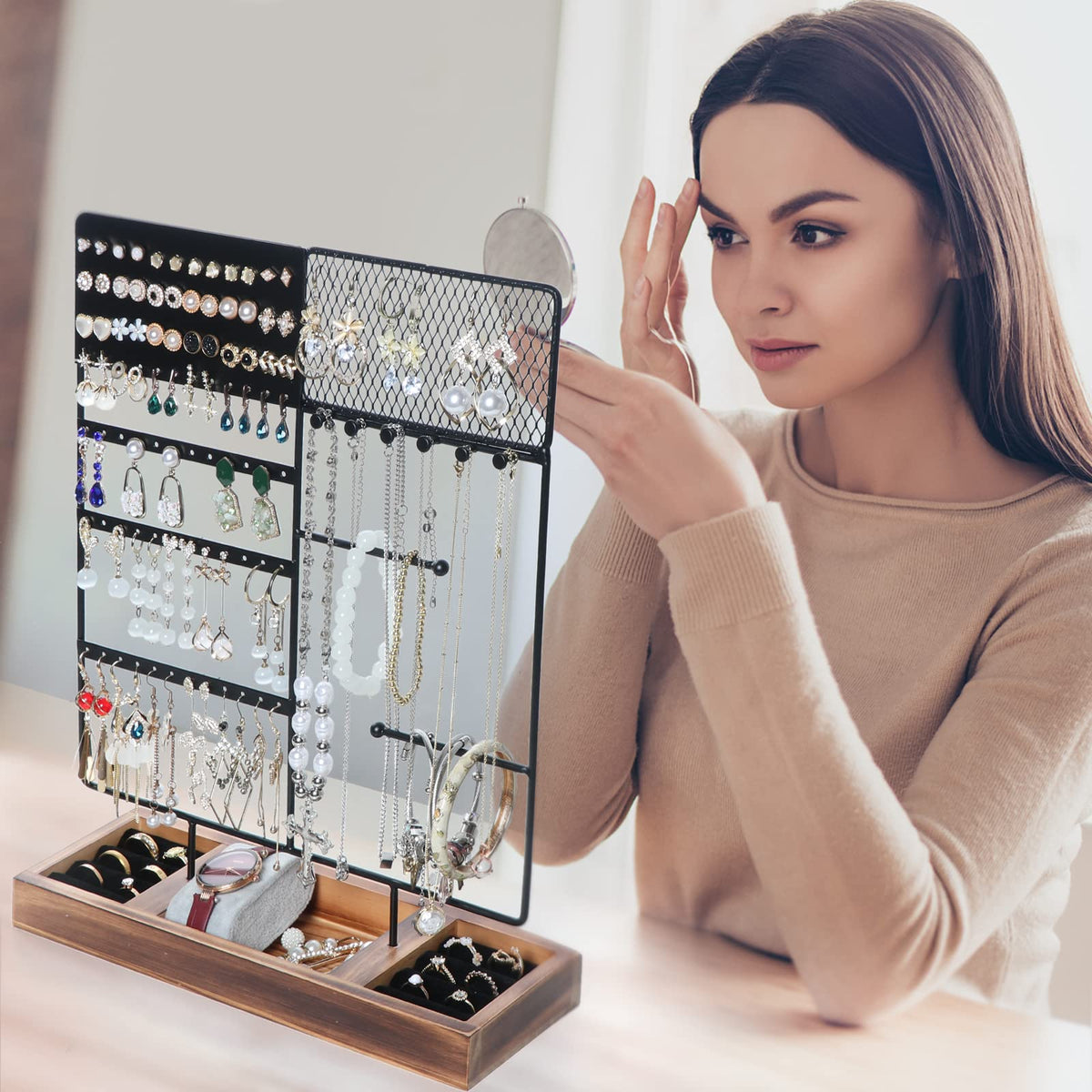 sovia Jewelry Organizer Stand,Earring Organizer with 84 Holes Ear Stud,Jewelry Organizer Holder with Wooden Tray for Earrings Necklaces Bracelets Watches and Rings,Earring Holder Organizer,Black