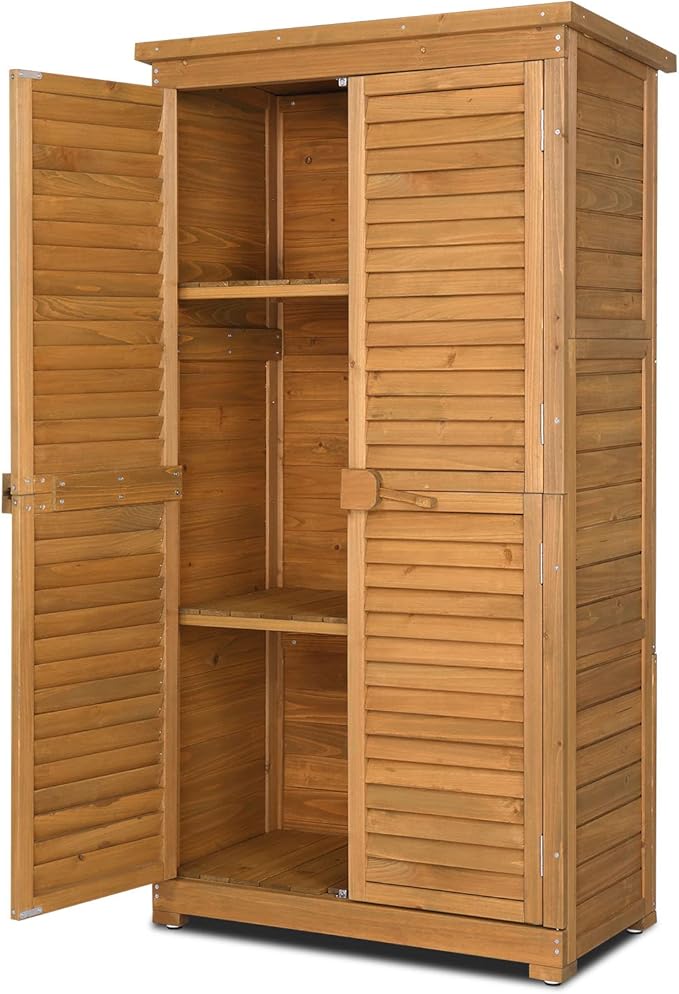 Outvita Outdoor Storage Cabinet, 63in Wooden Garden Tools Shed with 2 Lockable Doors, 3 Adjustable Shelves, Waterproof Roof for Yard Garge Patio Deck Porch, Natural