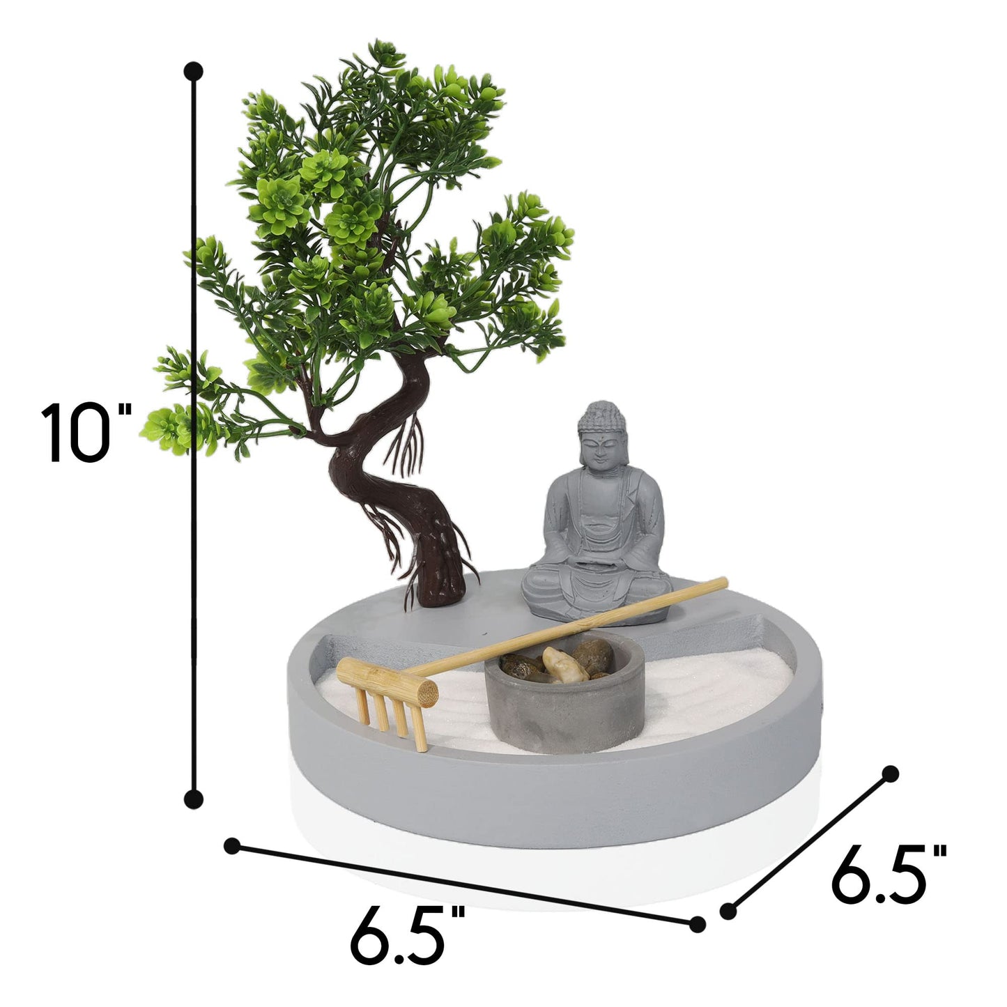 Round Shape, Zen Garden Tealight Candle Holder with a Mini Buddha Statue and a Bonsai Tree - A Perfect Japanese Art for Relaxation and Meditation - Free Your Mind with Our Mini Zen Garden Decor, Gray