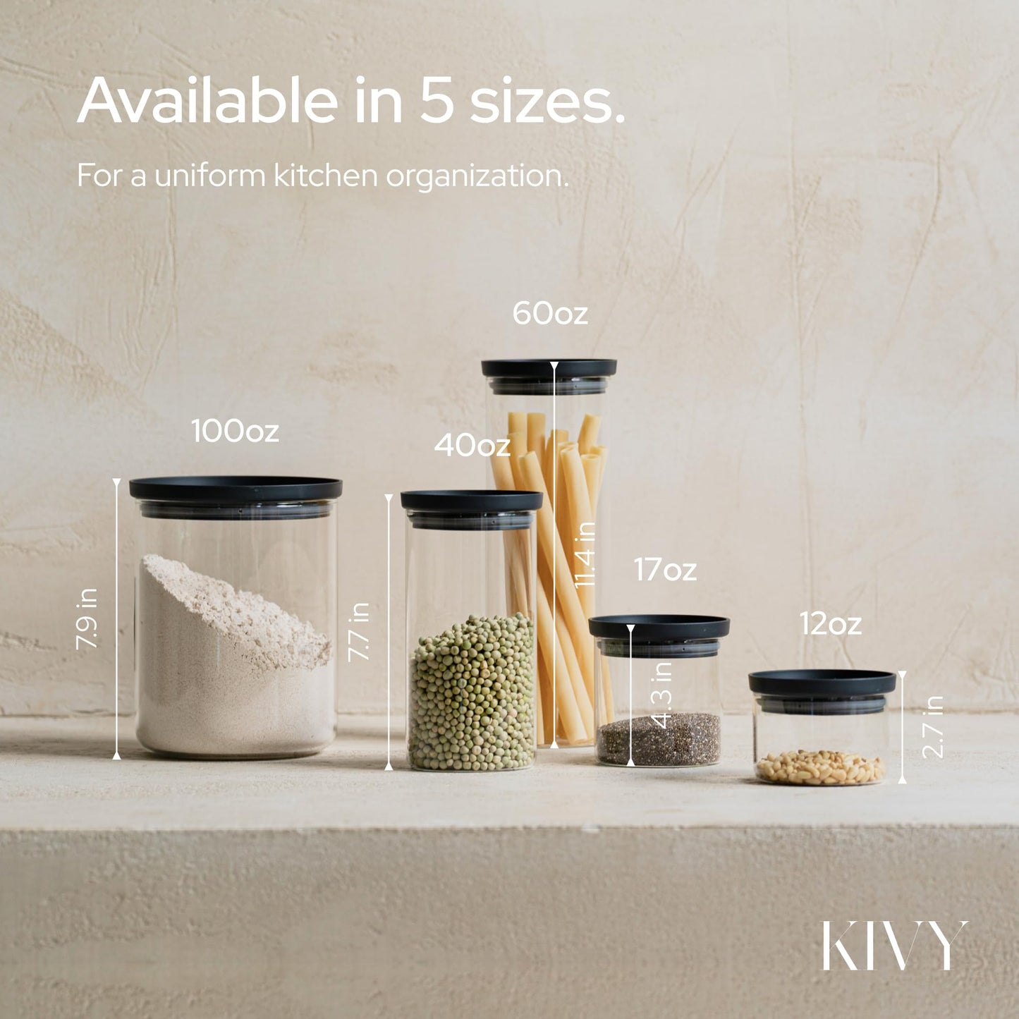 KIVY Airtight Glass Jars with Lids & Labels [4x 17oz] Stackable Glass storage jars with airtight lids - Black Glass Jars with airtight lid - Food Glass canisters with transparent lids