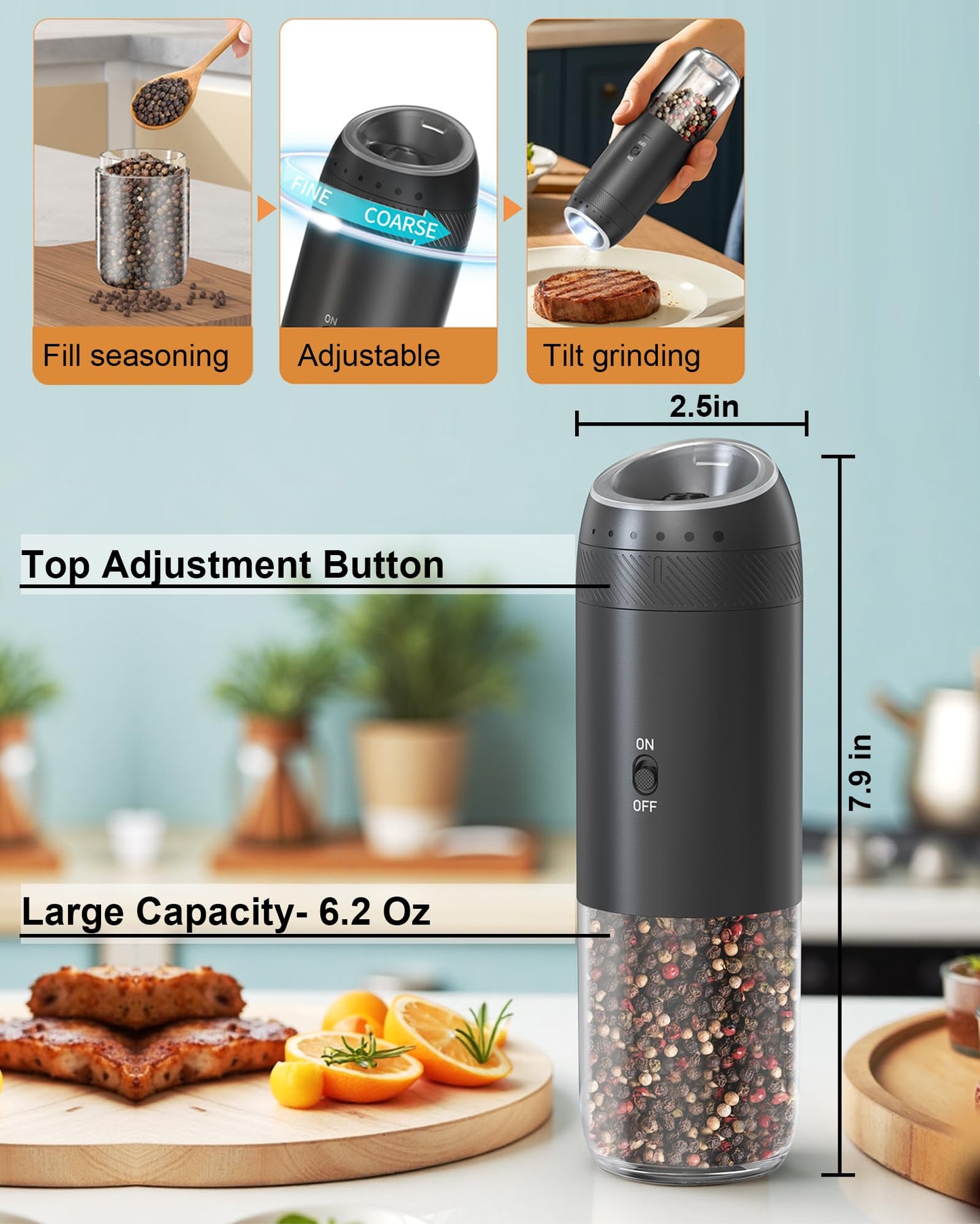 Soenglyun Gravity Salt and Pepper Grinder Set with Charging Base, Automatic Salt Grinder Electric with LED Light & 6 Adjustable Coarseness, One-Handed Operation and 176ml Capacity, Black