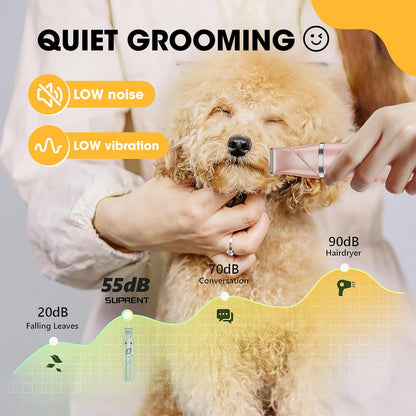 QREEYX Upgrade Dog Grooming Kit, Cordless Dog Paw Trimmer, 4 in 1 Low Noise Pets Hair Clipper Grooming Kit, 2-Speed Nail Grinder with Stainless Steel Blade for Small Pet with Thick Coats (Pink)