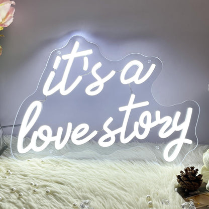 Its a Love Story Neon Sign, Warm White USB Led Light Up Signs for Bedroom Aesthetic Birthday Wedding Party Gift Boyfriend Girlfriend Lover Women Men Room Bathroom Decoration Gift, 15.7 x 11.8 Inch