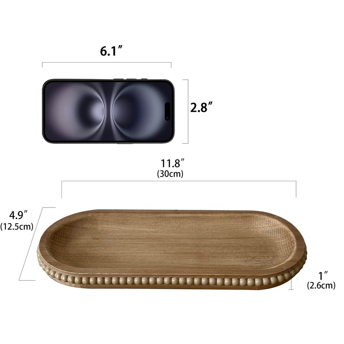 dwellington Wooden Farmhouse Decorative Tray, 11.8in Rustic Beaded Tray for Living Room Decor, Kitchen Table Décor, Oval Coffee Table Serving Tray (Natural)