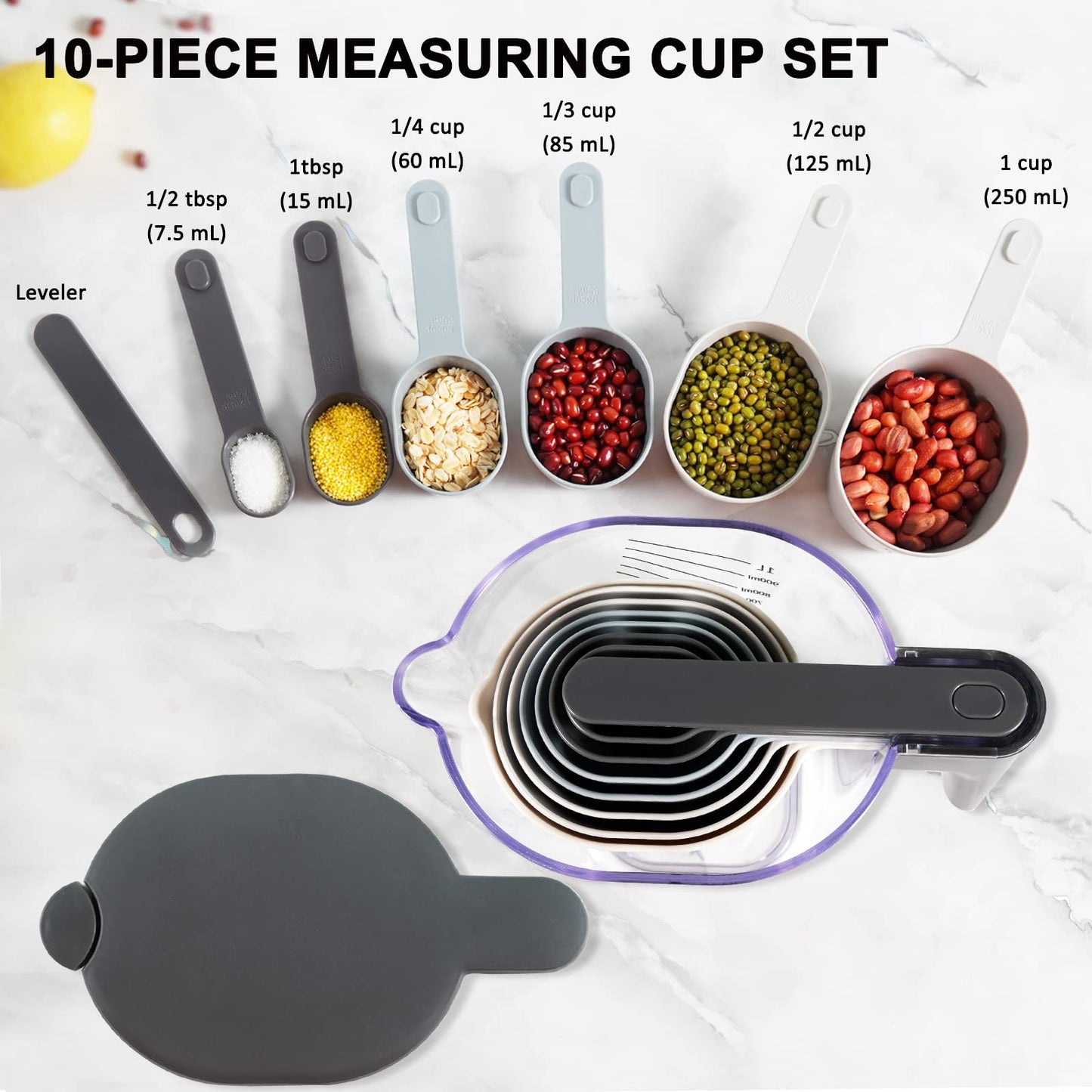 Recogwood 11 Pieces Measuring Cups and Spoons set, Includes 10 Stackable Measuring Cup with Lid and 1 Adjustable Measuring Spoon, Measuring Spoons Set for Liquid and Dry, BPA Free, Dishwasher Safe