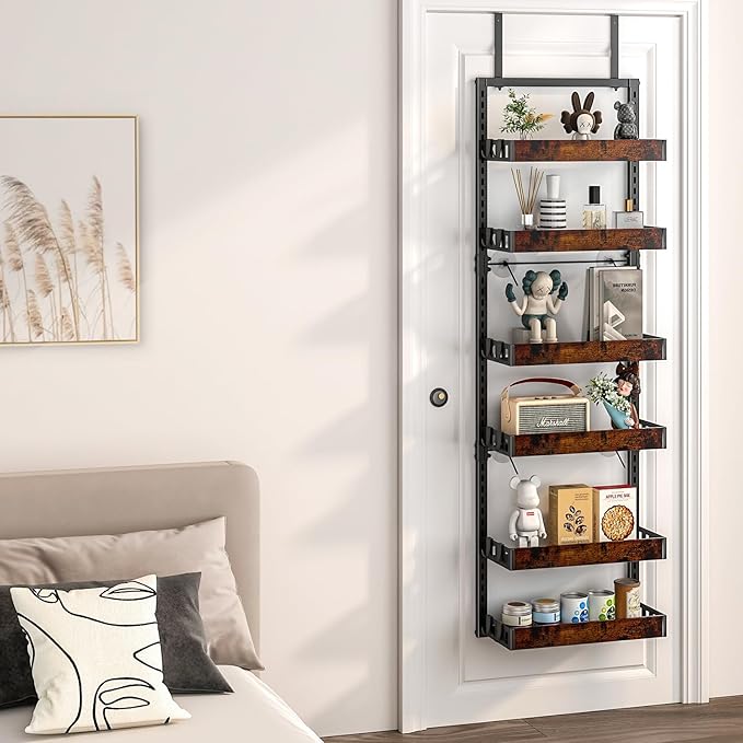 bukfen Over the Door Pantry Organizer, 6-Tier Adjustable Wooden Basket Kitchen