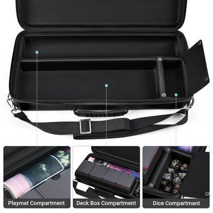 Playmat & Deck Box Carrying Case – For TCG/CCG/MTG Gamemat with 4 Deck Boxes, 3 Compartments for Playmat, Deck Box and Dice, with Adjustable Shoulder Strap, Handle, Fits 14",15”,16" Playmats Black