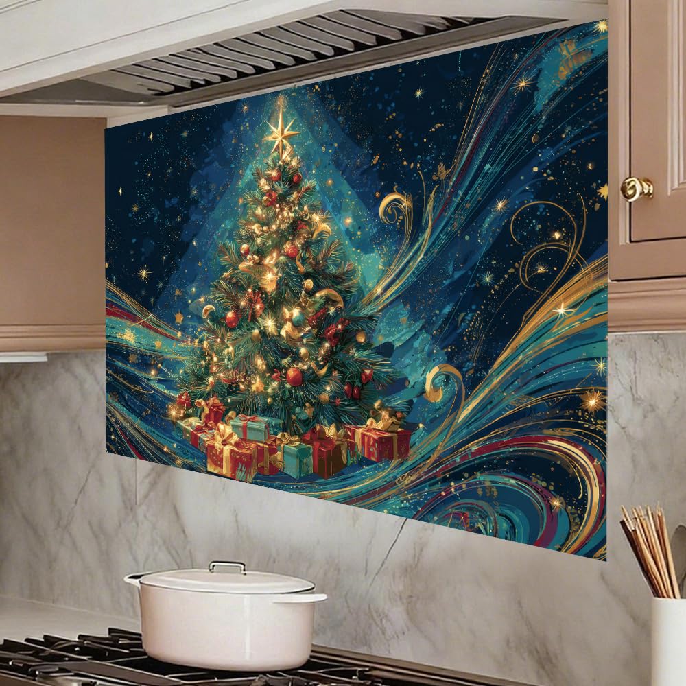 Kitchen Wall Decals 35.5x23.6 Inch Christmas Tree with Ornaments and Gift Boxes Golden Lights Peel and Stick Wall Stickers for Kitchen Living Room Holiday Home Decoration Removable