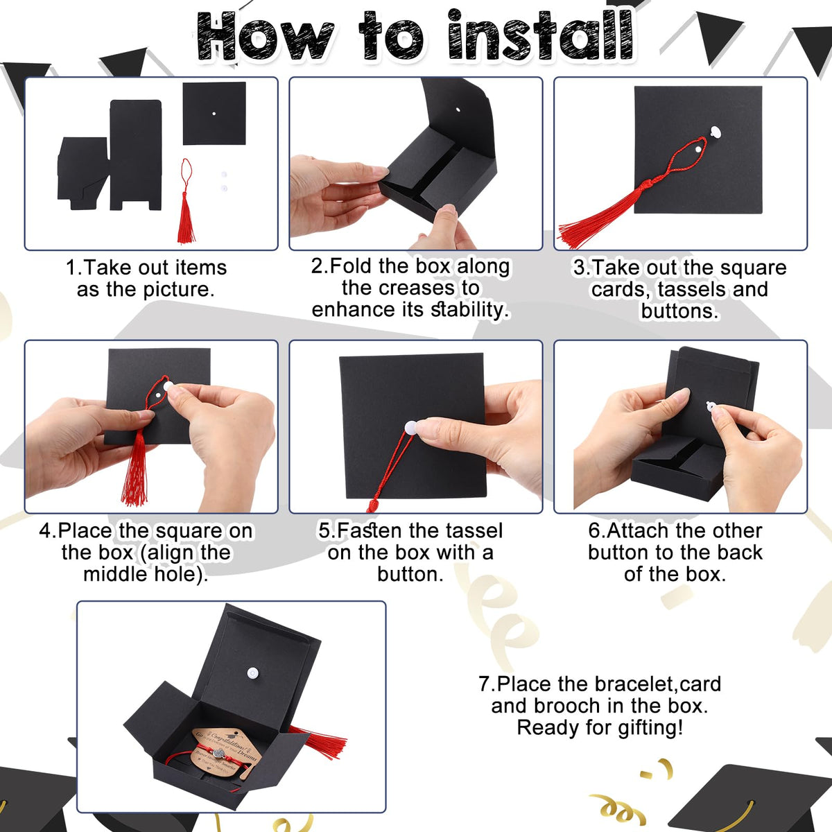 Cunno 50 Sets 2026 Graduation Gifts Bulk Include 50 Compass Bracelet 50 Graduation Cap Box with Tassel 50 Congratulations Cards, Party Favors Party Supplies for Him Her(Black Red)