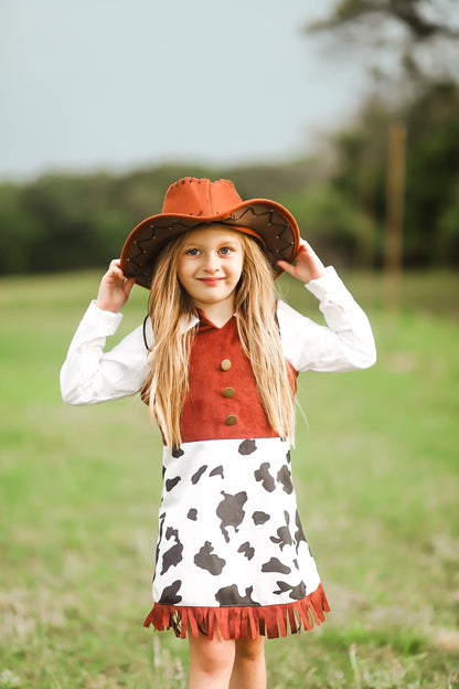 ReliBeauty Western Cowgirl Costume for Girls Funny Holiday Party Princess Dress Up Outfit for Kids White,10-12(150)
