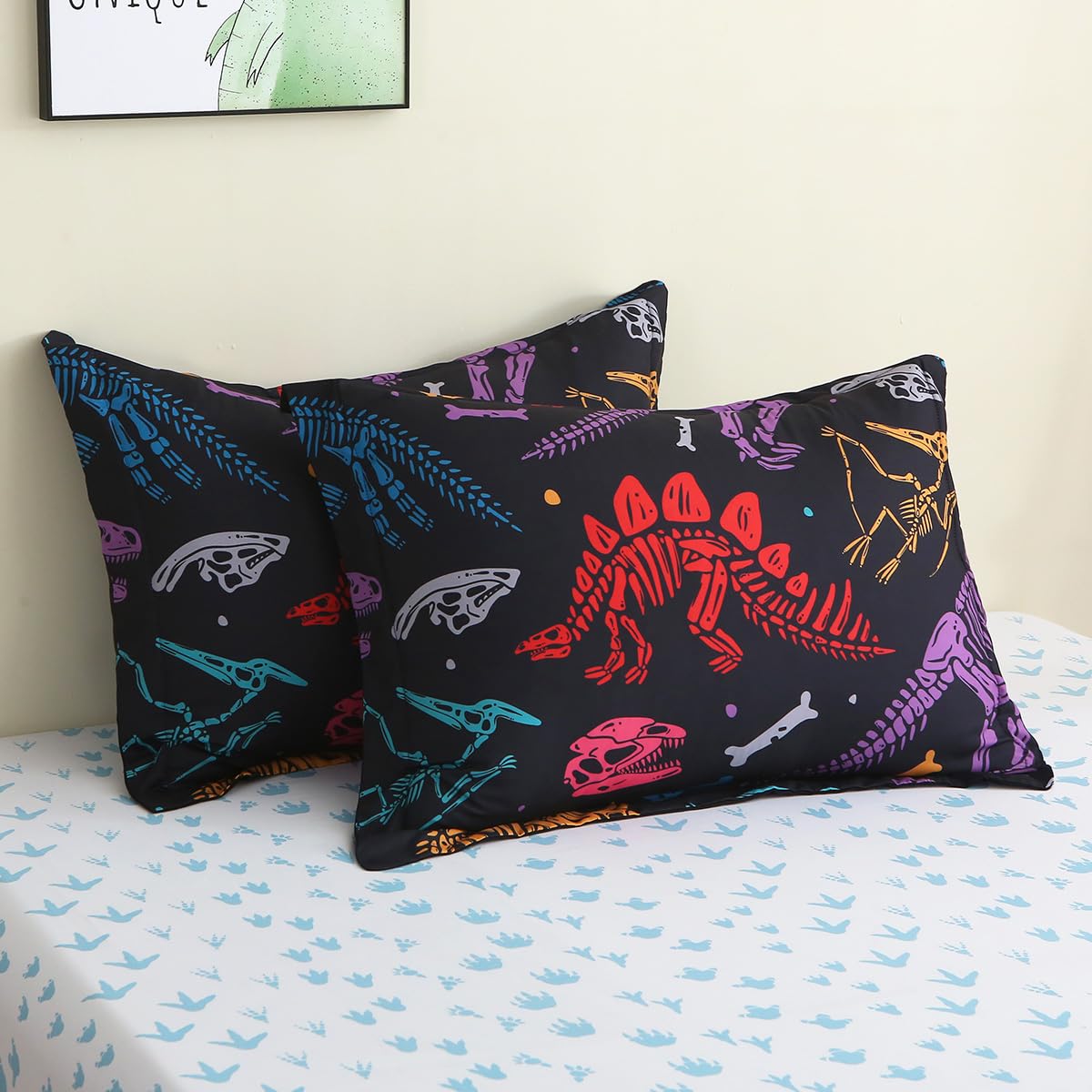 Jameswish 7 Piece Boys Dinosaur Comforter Set Twin Size 3D Black Dinosaur Skeleton Bedding Set for Toddler Kids Teens Christmas Birthday Gift