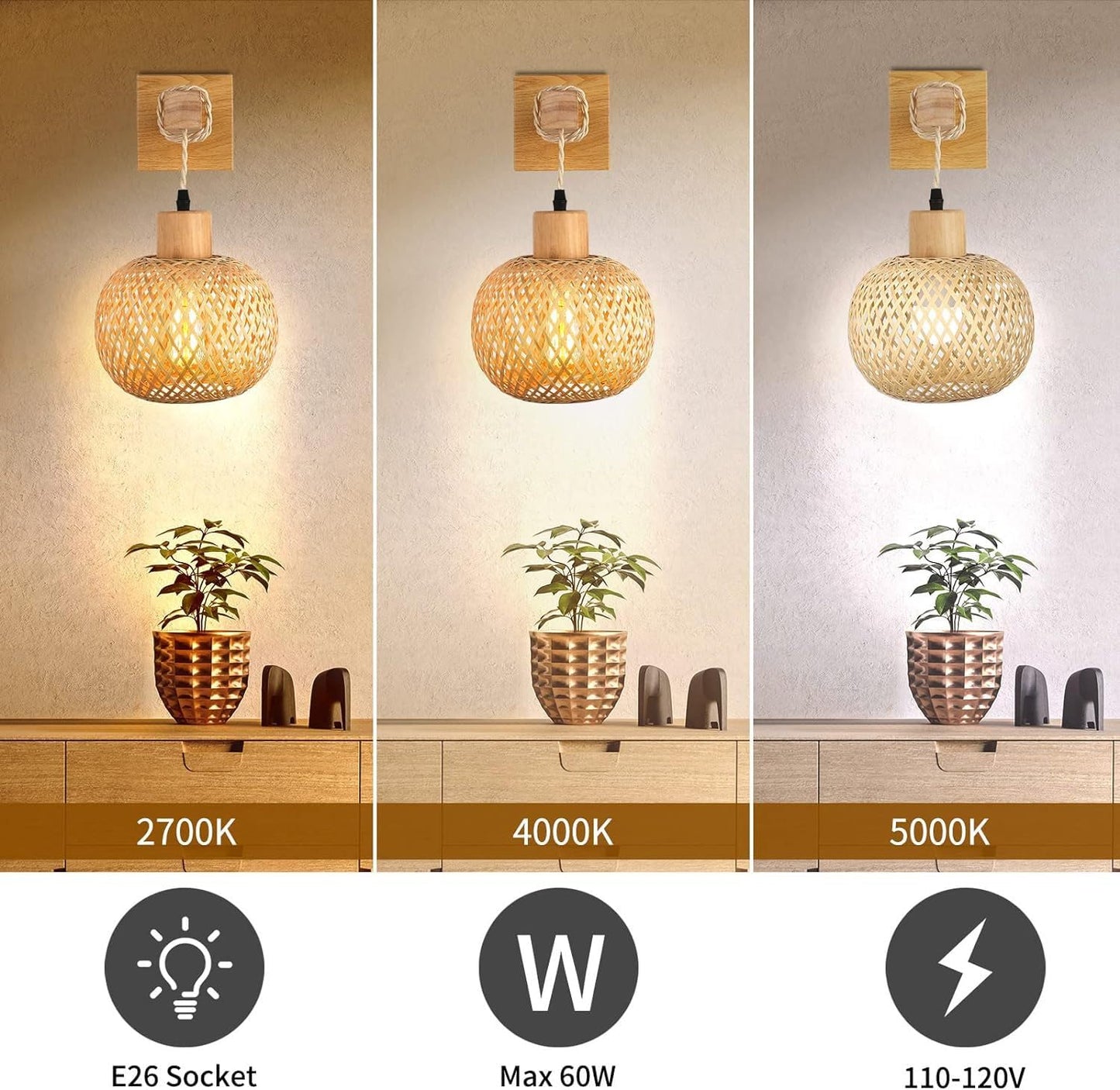 Bagkcopp Rattan Wall Sconce Light,Lamps for Bedroom, Farmhouse Wall Sconces, Wall Mount Light Fixture Indoor, Boho Bedside Wall Sconces for Living Room (Rattan)