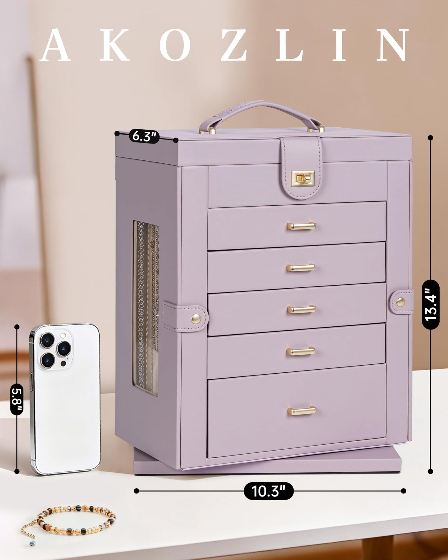 AKOZLIN 360° Rotating Jewelry Box 6-Tier Organizer Functional Jewelry Storage Case for Women Girls Ring Necklace Earring Bracelet Holder with Mirror Purple