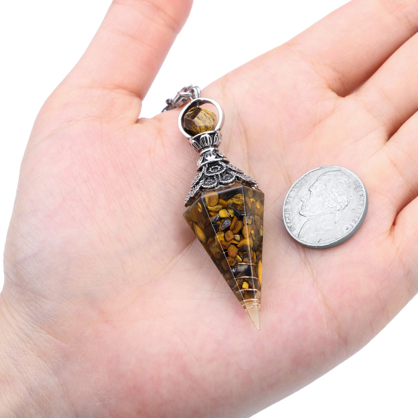 GEHECRST Natural Tiger Eye Healing Crystal Dowsing Pendulum Reiki Gemstone Chips Orgone Pendulum 6 Faceted Hexagonal Pointed Resin Spiritual Pendant for Divination, Wicca, Energy Balancing