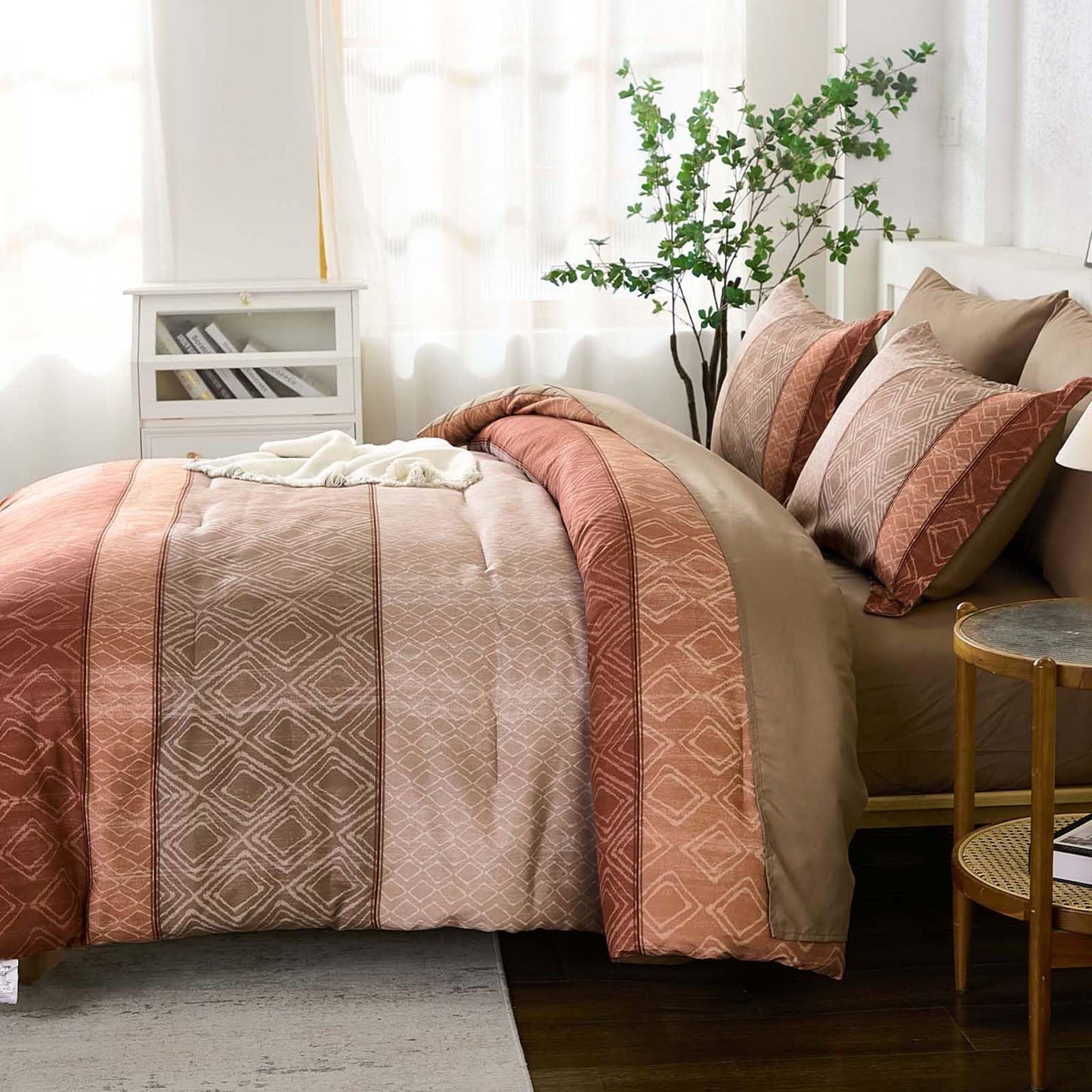 Dinjoy Boho Queen Comforter Set Red Brown,Lighrweight 7 Piece Bed in a Bag Queen Size Warm Striped Bedding Sets with Plaid Comforters Bed Set with Sheets for Family All Season
