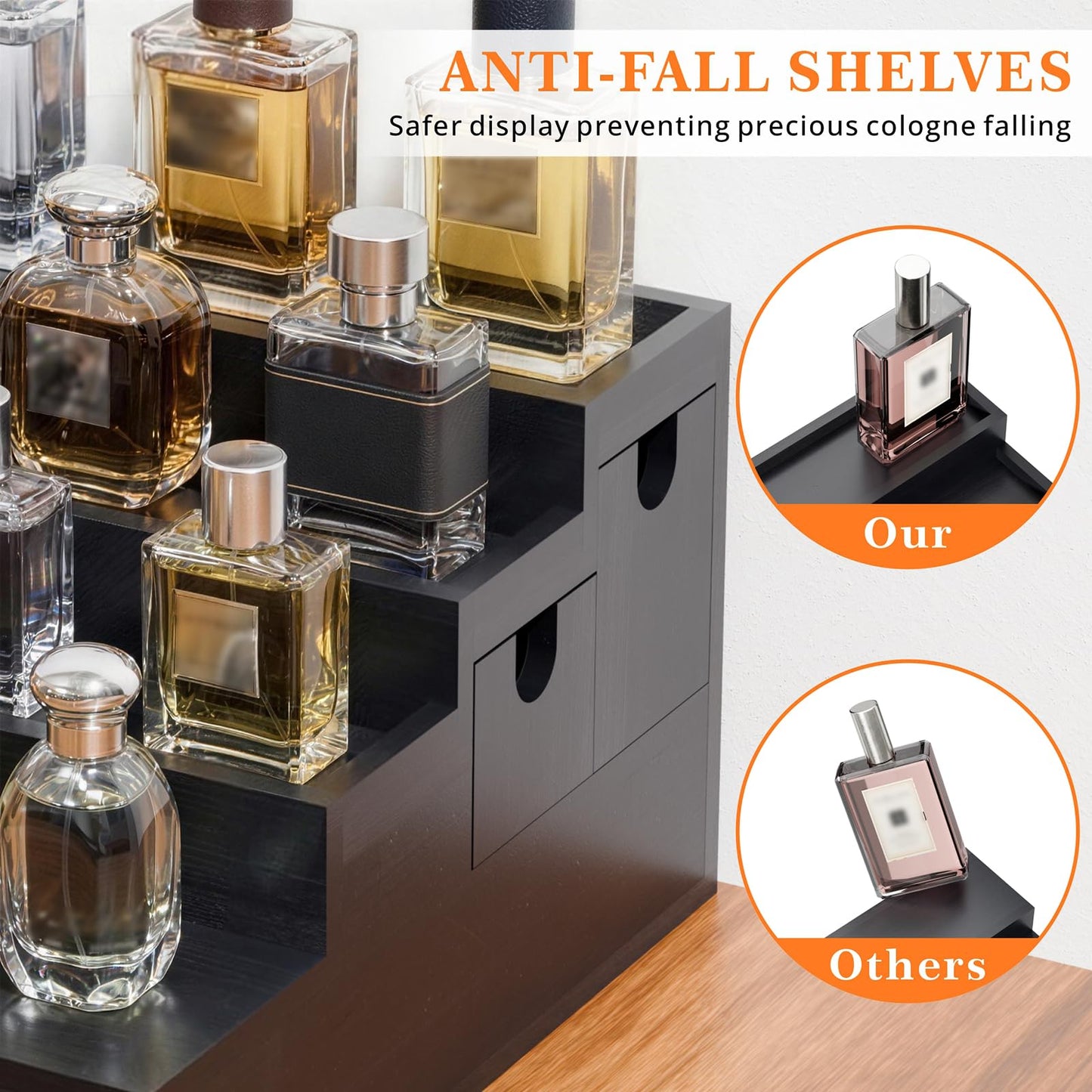 Aollewoiti Cologne Organizer for Men, 4-Tier Wooden Perfume Stand with 3 Velvet Lining Drawers, Large Capacity Perfume Display, Black Fragrance Storage Shelf for Dresser, Mens Gift for Birthday Father's Day