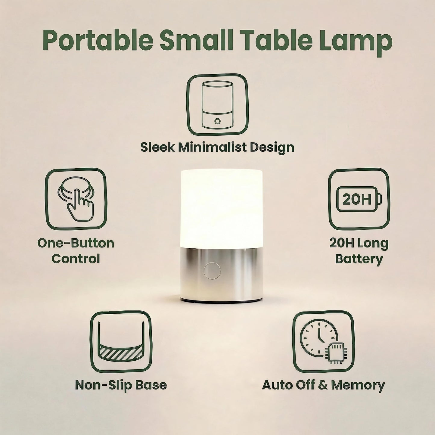 LomakGlow Small Table Lamp - Rechargeable, Portable, Up to 20-Hour Battery Life, 10 Brightness Levels, Auto-Off Timer, Waterproof, Warm Light for Bedside, Travel, Camping & Décor-Nickel Finish