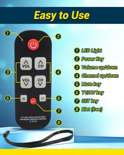 FurnyQuaint Big Button TV Remote Waterproof Control Remoto Universal para TV with Glow Keys for Seniors with Learning Functions Easy to Use and Set Up for Smart TV & Cable Box Controller