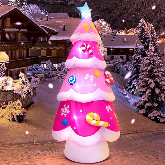 KOOY 7FT Inflatable Christmas Tree Pink Christmas Blow up Yard Decoration with LED Lights for Party Holiday Outdoor Indoor Lawn Winter Xmas Décor