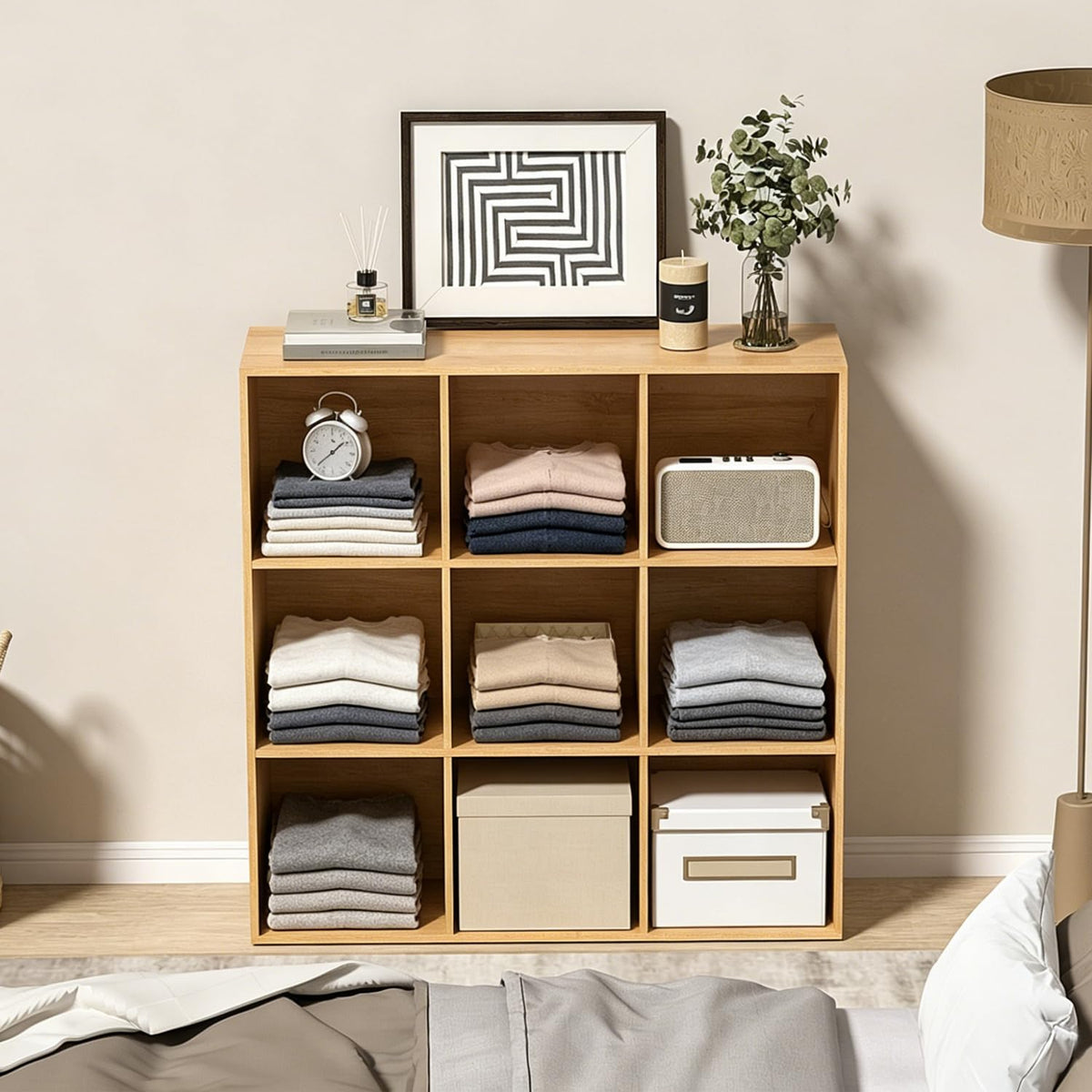 NewBeth Wooden 9 Cube Storage Organizer with Closed Back Panel,White Cube Shelf Cubby Storage Organizer with Compartments for Living,Bookshelf, Easy to Install (Oak, 9 Cube-11in)