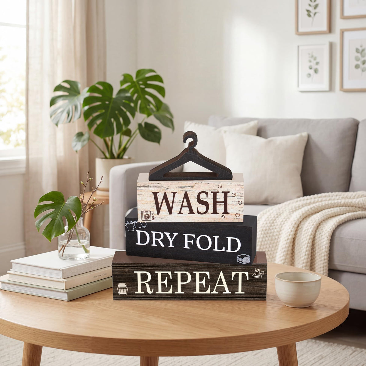 4 Pcs Laundry Wooden Table Decor, Laundry Farmhouse Table Decorations for Home Office