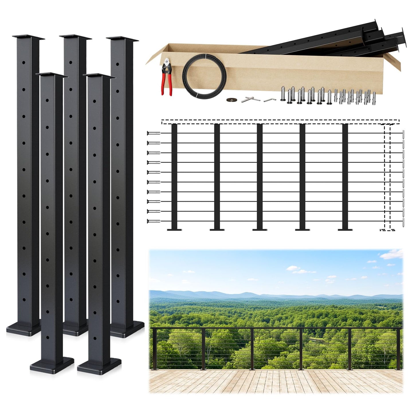 Muzata 16-20FT Modular Black Cable Railing Kit 36 Inch 5 Level Post Kit Complete Set Cable Railing System for Decks Length Adjustable Easy DIY with Paper User Guide (No Handrail) RW17