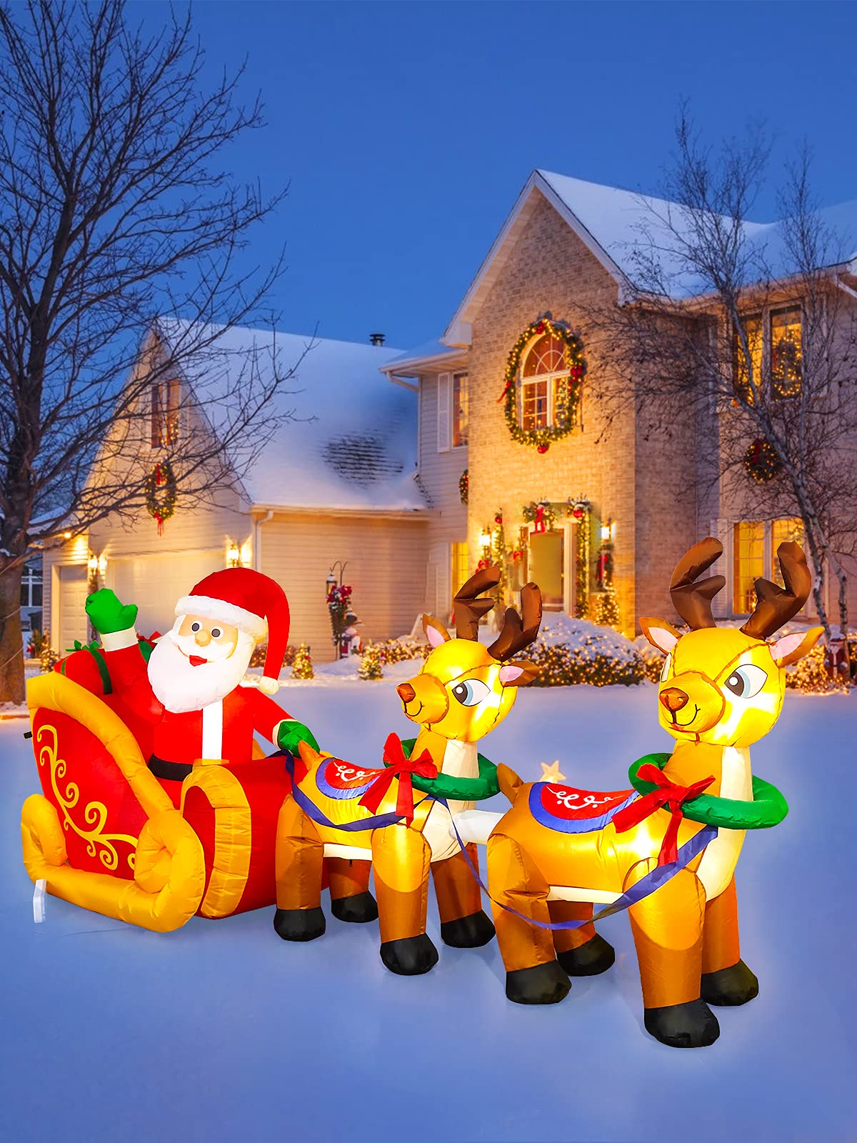 Kalolary 8 Feet Long Christmas Inflatables with LED Light, Santa Claus on Sleigh Blow up Christmas Outdoor Indoor Decoration for Home Family Yard Decor Lawn Garden Party Supplies