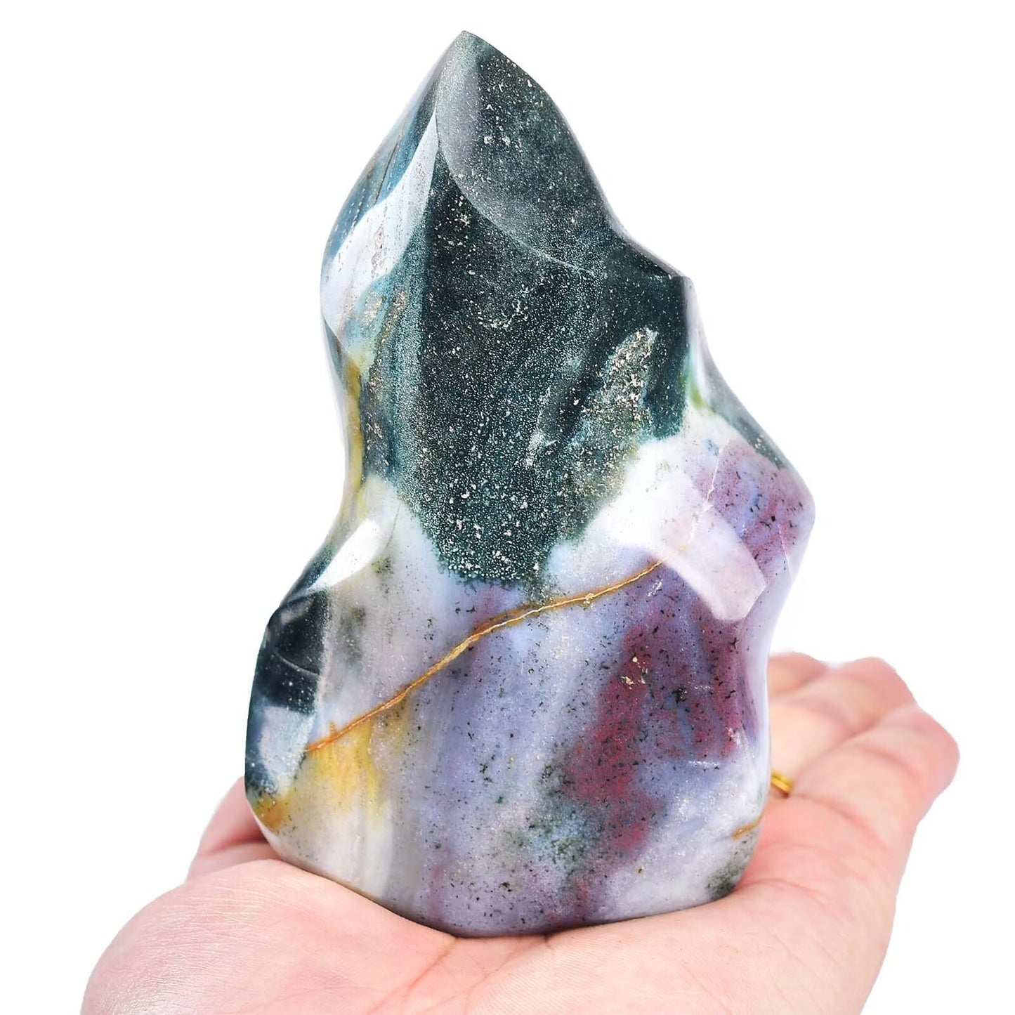 AMOYSTONE Ocean Jasper Flame Shaped Stone Towers Obelisk Natural Healing Crystal Quartz Reiki Energy Decoration Home Office Decor 1.0-1.5LBS