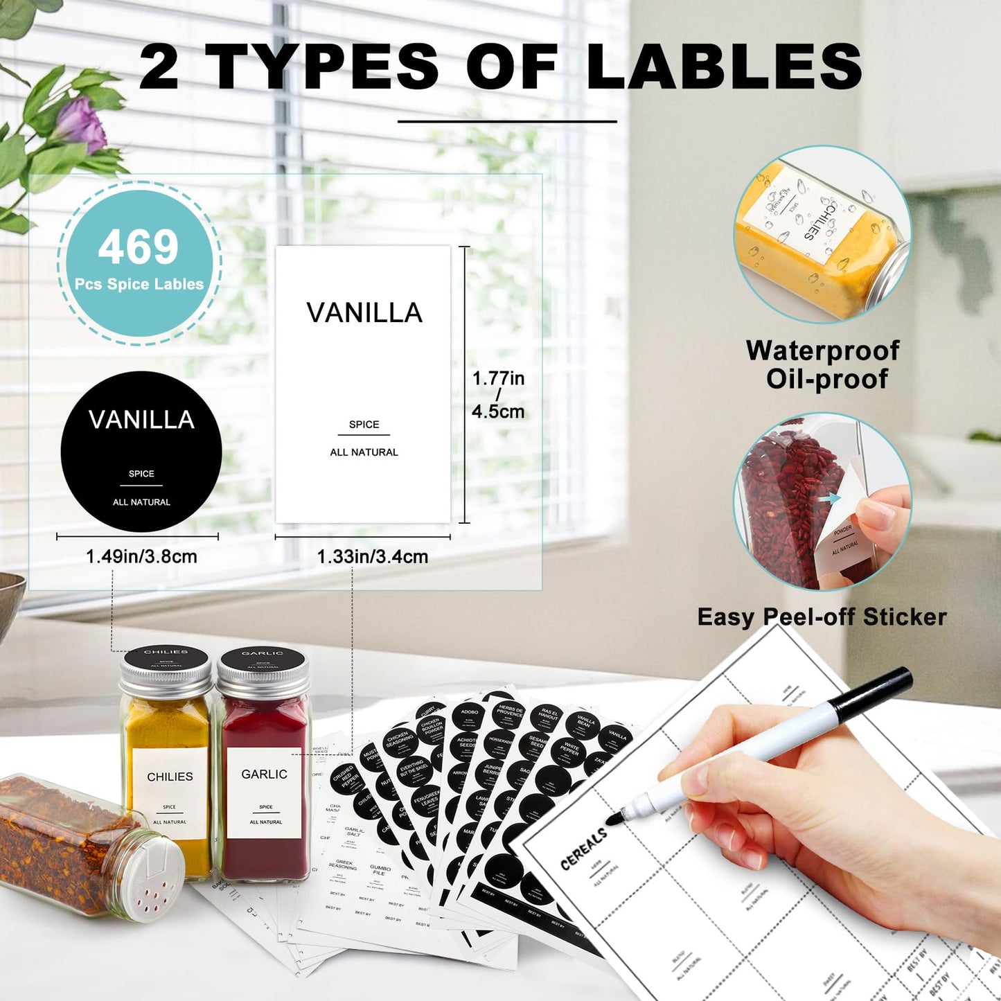 AISIPRIN 24 Pcs Glass Spice Jars with 398 Labels, 4oz Empty Square Spice Containers Seasoning Bottles - Shaker Lids, Funnel, Brush and Marker Included(Black Metal Caps)