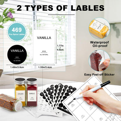 AISIPRIN 24 Pcs Glass Spice Jars with 398 Labels, 4oz Empty Square Spice Containers Seasoning Bottles - Shaker Lids, Funnel, Brush and Marker Included(Black Metal Caps)