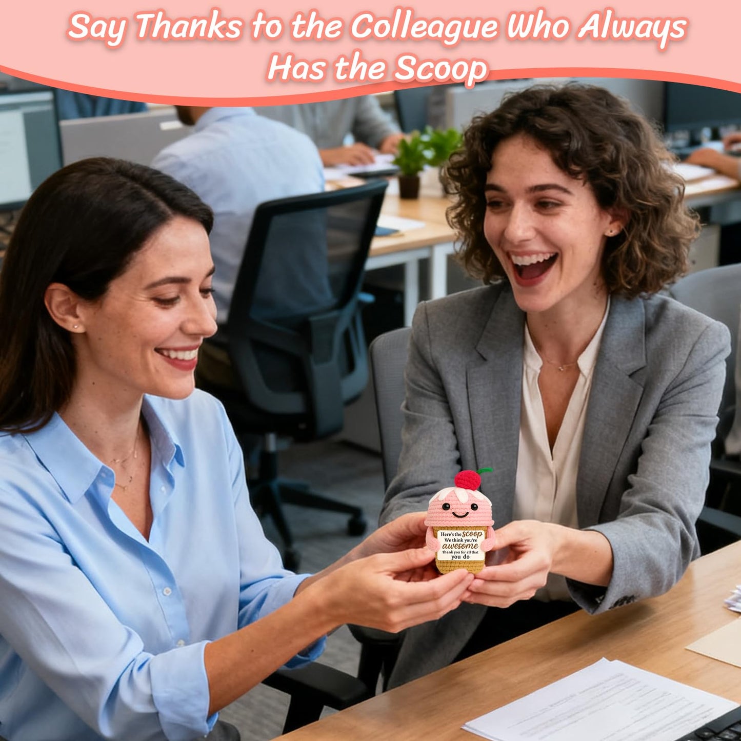 zavvoolly Employee Appreciation Gifts for Women Coworkers - Funny Positive Crochet Ice Cream Desk Decor - Thank You Farewell Going Away Gift for Friend, Nurse, Teacher, Team